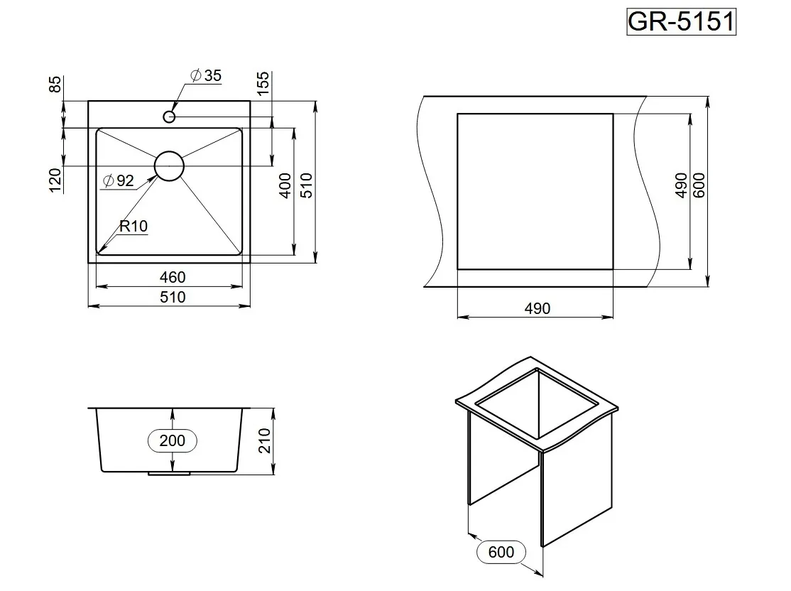 5151, ГРАФИТ МАТОВЫЙ, стальная кухонная мойка